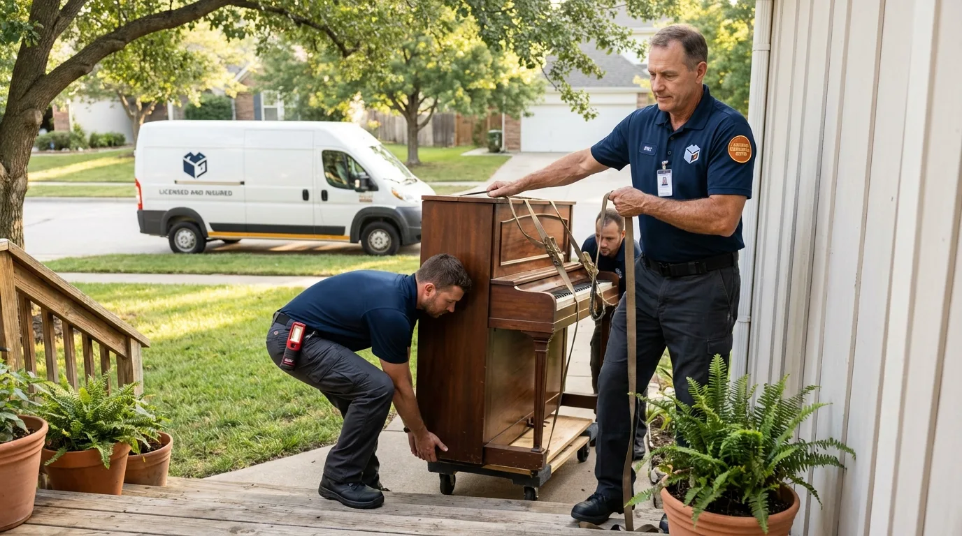 Licensed piano movers securing grand piano in Jessup, MD