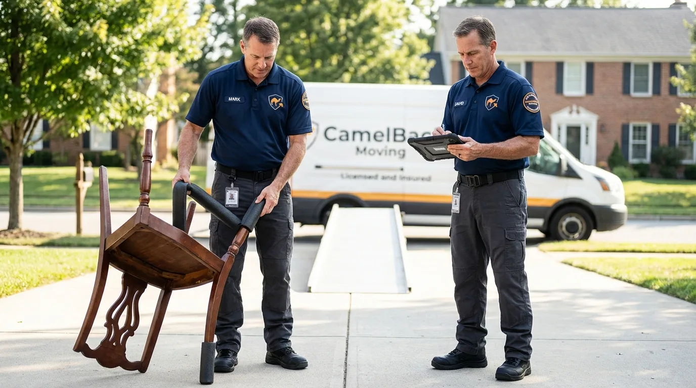 Movers inspecting furniture for damage prevention before loading in Jessup, MD