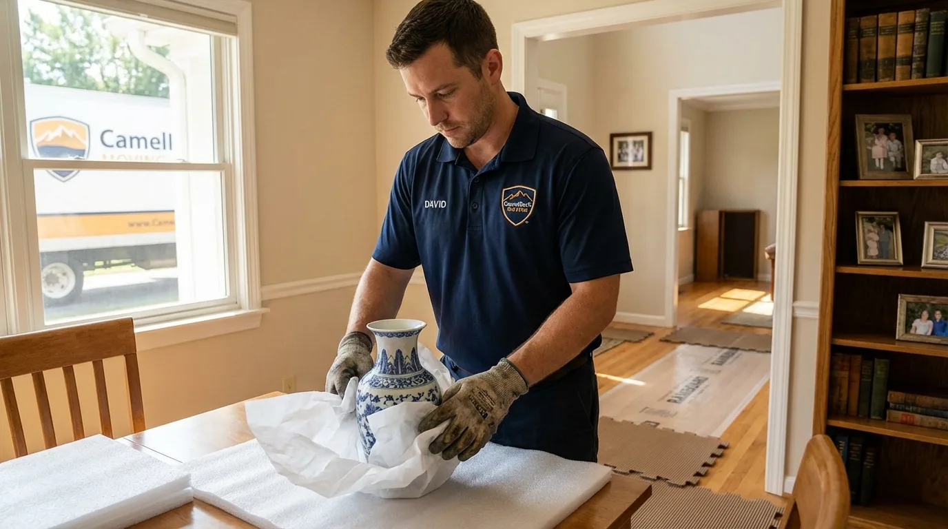 Professional crew carefully wrapping antique vase for senior downsizing move in Jessup, MD